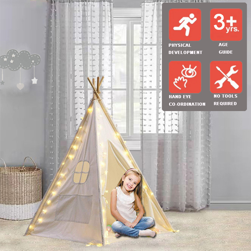 White Kids Play Teepee Tent For Girls boys toddlers With Star Lighting