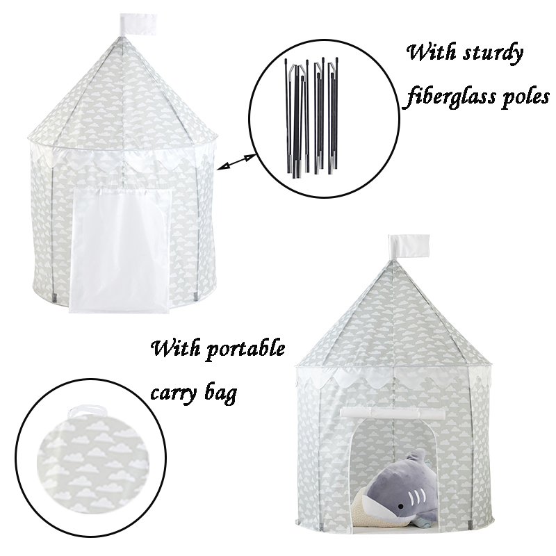 Gray Color With Cloudy Pattern Kids Castle Play Tent Easy Assemble Foldable Play House Use For Home Yard 