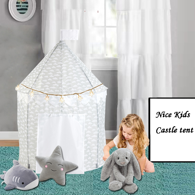 Gray Color With Cloudy Pattern Kids Castle Play Tent Easy Assemble Foldable Play House Use For Home Yard 
