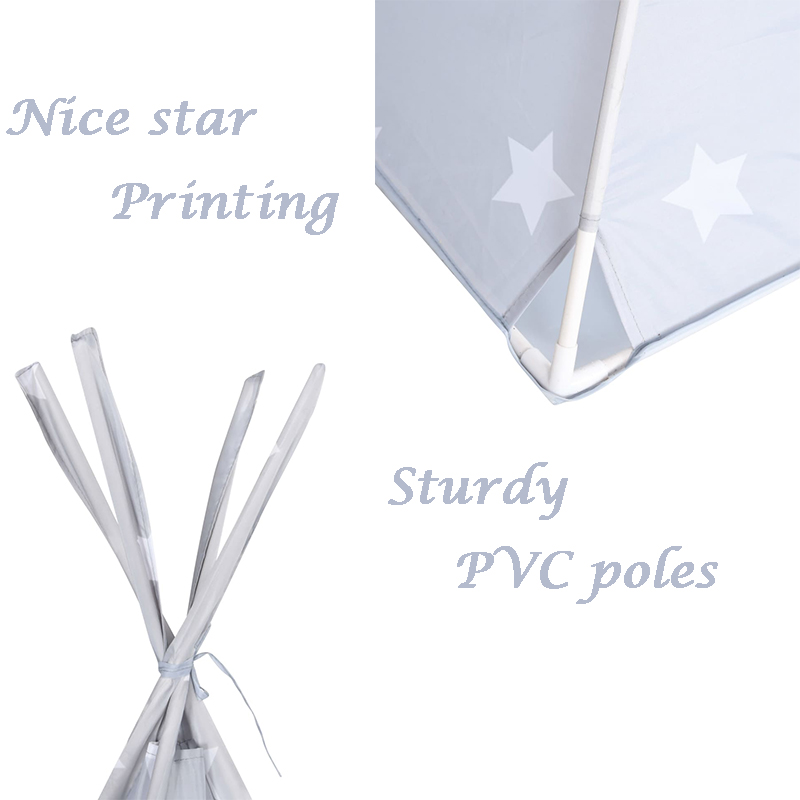 Portable Grey Kids Teepee Tent Polyester With PVC Poles Star Design