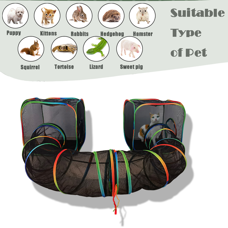 Set of 3 Outdoor Rainbow Cat Enclosures Pet Playground Kitty Small Animals Rabbit Guinea Pig Playpen Square Tent with Circle Tunnel