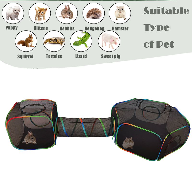 Set of 3 Outdoor Rainbow Cat Enclosures Pet Playground Kitty Small Animals Rabbit Guinea Pig Playpen Square Hexagon Tent with Tunnel