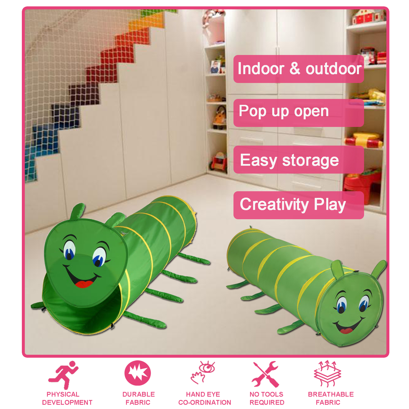 Green worm shape pop up play tunnel tent