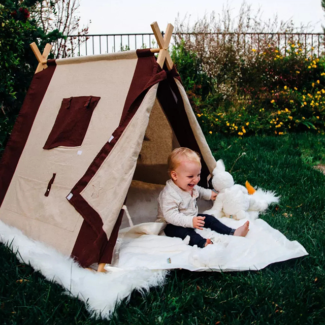 Brown Cotton Canvas Cover, Wooden Pole, Kids Teepee Tent, With two window, Playhouse For Childs