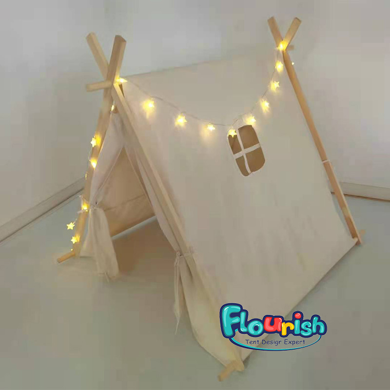 Natural color organic cotton canvas wooden poles teepee tent with window on side