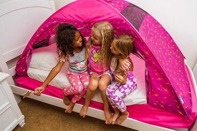 Pink Kids Play Tents With Star Moon Window,Secret Castle Bed Tent For Girls Boys