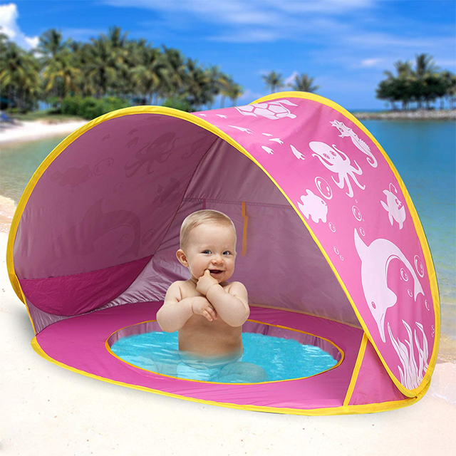 Pink Baby Beach Tent with Pool, Pop Up Unique Ocean World Baby Tent,50+ UPF UV Protection Outdoor Tent for Aged 0-4 Baby Kids 