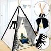 Foldable Portable Canvas Kids Teepee Tent with Light String & Carry Bag for Indoor Outdoor, Kids Teepee Playhouse with Black Wave Stripe Print 
