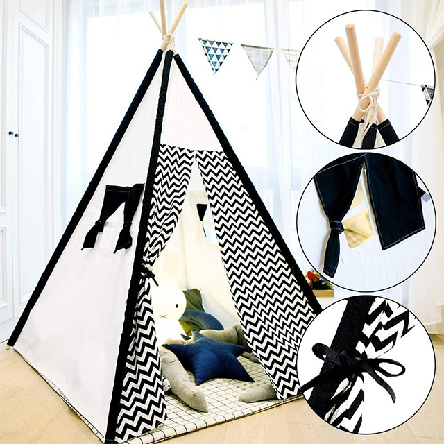 Foldable Portable Canvas Kids Teepee Tent with Light String & Carry Bag for Indoor Outdoor, Kids Teepee Playhouse with Black Wave Stripe Print 