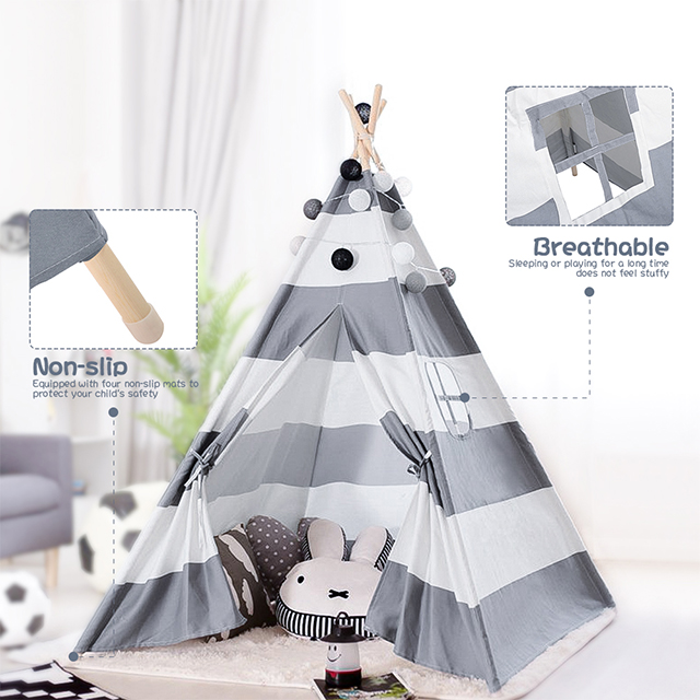 XP-TP061 Grey stripe foldable wooden pole kids teepee tent playhouse cotton canvas with window carry bag, Wigwam Indoor Outdoor