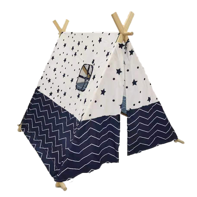New design toy tent blue star print wooden poles indian kids teepee tent 