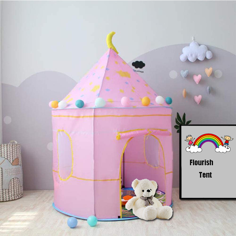 Sweet Pink Kids Girls Castle Tent Play House With Star Moon Design