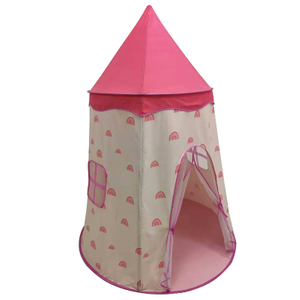 Pink Girls Princess Castle Tent With Rainbow Printing With Mesh Door And Window