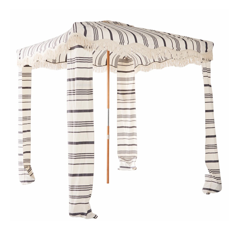 Custom Printed Beach Umbrella With Fringe Surface Design Pattern Striped Big Wood Tassel Beach Umbrellas Cabana