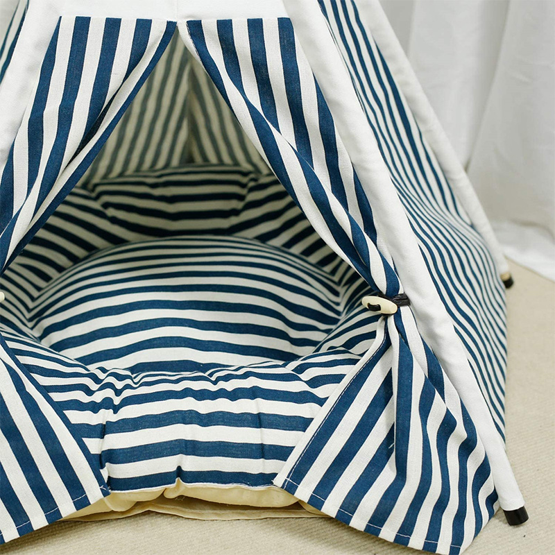 Blue Stripes Pets Teepee Tent, Easy Assembling With 5 Wooden Poles ,Removable and Washable Cat Dog Playhouse