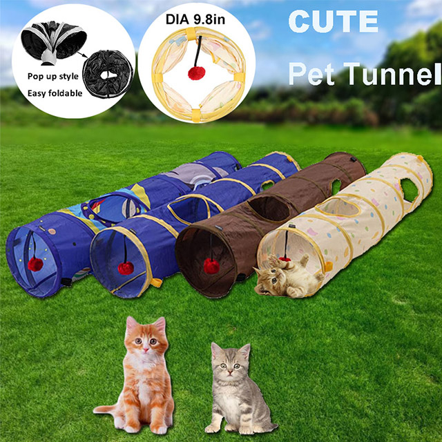 Yellow Color With Peep Holes and Ball Toy Collapsible Cat Tunnel, Pet Play Tubes for Cats and Small Animals