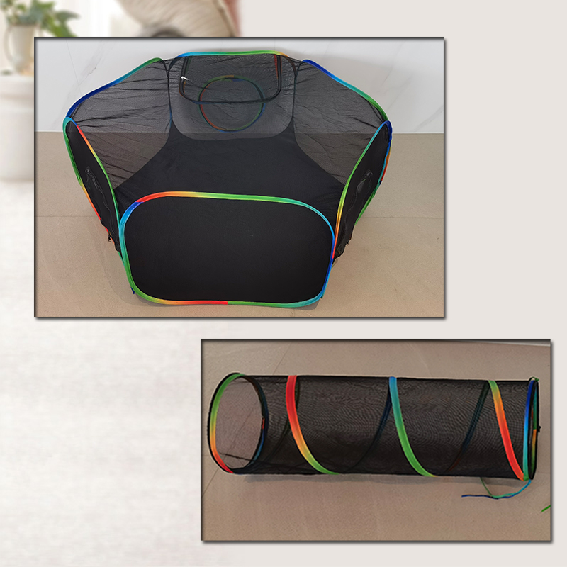 Set of 3 Outdoor Rainbow Cat Enclosures Pet Playground Kitty Small Animals Rabbit Guinea Pig Playpen Square Hexagon Tent with Tunnel