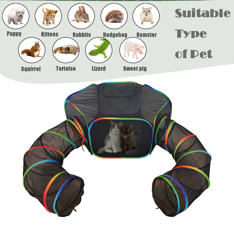 Set of 2 Outdoor Rainbow Cat Enclosures Pet Playground Kitty Small Animals Rabbit Guinea Pig Playpen Hexagon Tent with Circle Tunnel