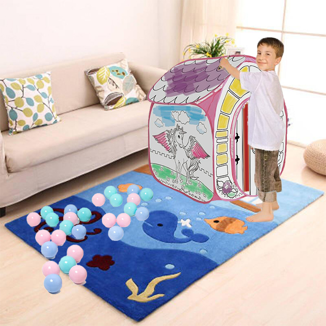 Unicorn Fortable Pop Up House Playtent,DIY Handprint With Six Washable Color Pens ,Easy to Operate