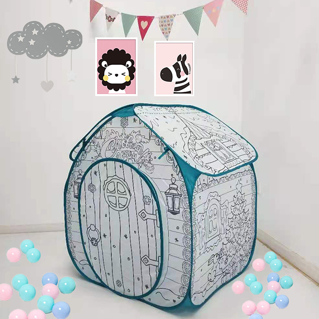 Forest Theme Portable Pop Up House Tent,DIY Colored With Six Washable Color Pens ,Reusable For Indoor Outdoor