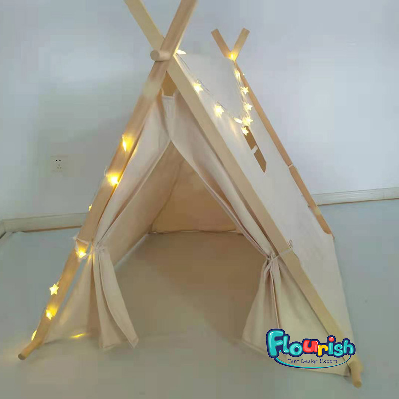 Natural color organic cotton canvas wooden poles teepee tent with window on side