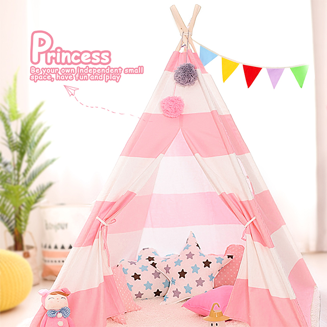 XP-TP064 Pink stripe cotton canvas wooden pole pyramid Tent Kids Teepee, best playhouse for Girls and Boys 