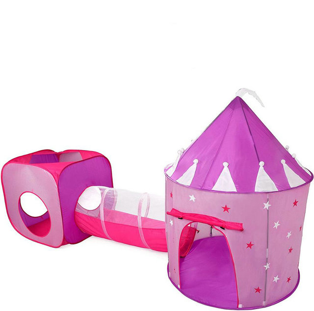 Pink princess kids play tent with crawl tunnel ,girls castle tent, glow in the dark playhouse combo tent