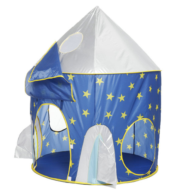 Blue with star Foldable Pop Up 3 In 1 Kids Rocket Playhouse use for Indoor Outdoor ,Rocket Ball Pit Tent with Crawling Tunnel 