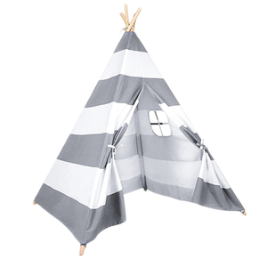 XP-TP061 Grey stripe foldable wooden pole kids teepee tent playhouse cotton canvas with window carry bag, Wigwam Indoor Outdoor