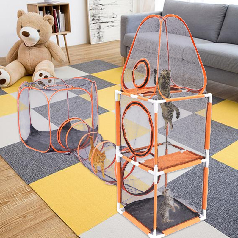 Outdoor Cat Enclosures Cage Tent Pet Play House 3 Levels of Jumping Tower Hexagon Tent With 1 Tunne