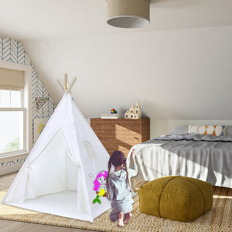 White Cotton Canvas DIY Painting Portable Kids Canvas Teepee Tent 