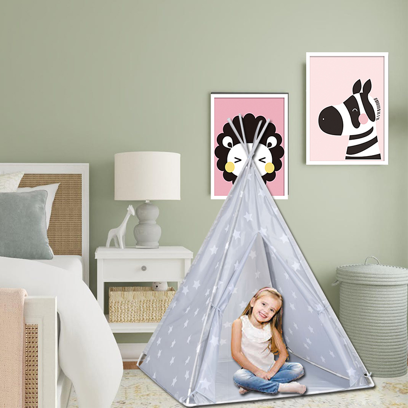 Portable Grey Kids Teepee Tent Polyester With PVC Poles Star Design