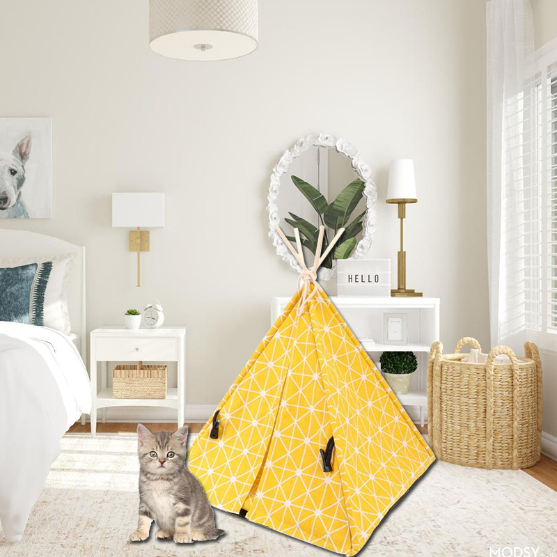 Yellow Cat Dog Pet Teepee Easy Assemble With Wooden Poles And Carry Bag