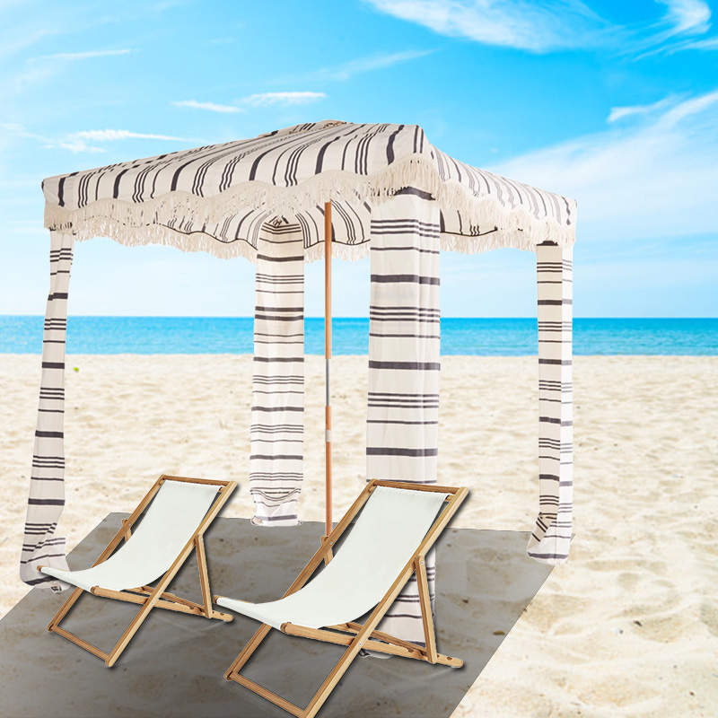 Custom Printed Beach Umbrella With Fringe Surface Design Pattern Striped Big Wood Tassel Beach Umbrellas Cabana