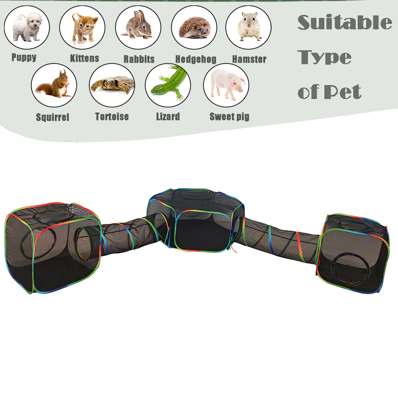 Set of 5 Outdoor Rainbow Cat Enclosures Pet Playground Kitty Small Animals Rabbit Guinea Pig Playpen Square Hexagon Tent with Tunnel