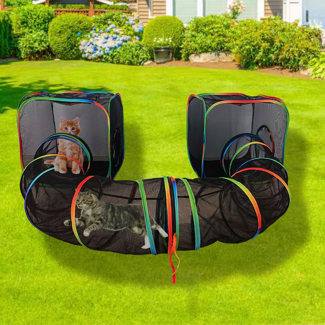 Set of 3 Outdoor Rainbow Cat Enclosures Pet Playground Kitty Small Animals Rabbit Guinea Pig Playpen Square Tent with Circle Tunnel