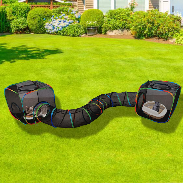 Set of 3 Outdoor Rainbow Cat Enclosures Pet Playground Kitty Small Animals Rabbit Guinea Pig Playpen Square Tent with S Shape Tunnel