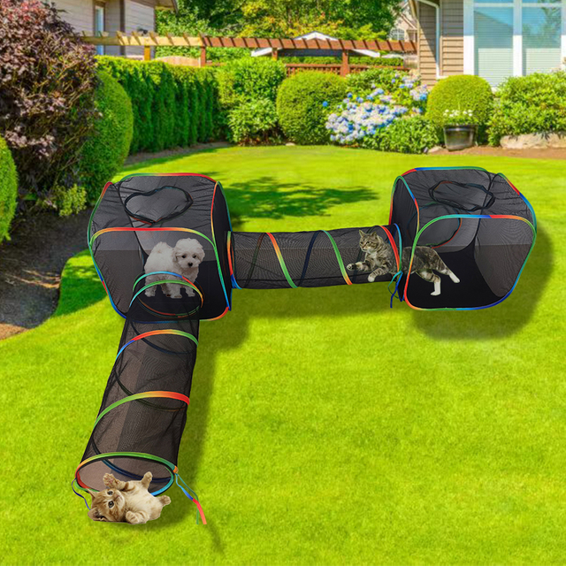Set of 4 Outdoor Rainbow Cat Enclosures Pet Playground Kitty Small Animals Rabbit Guinea Pig Playpen Square Tent with Toy Tunnel