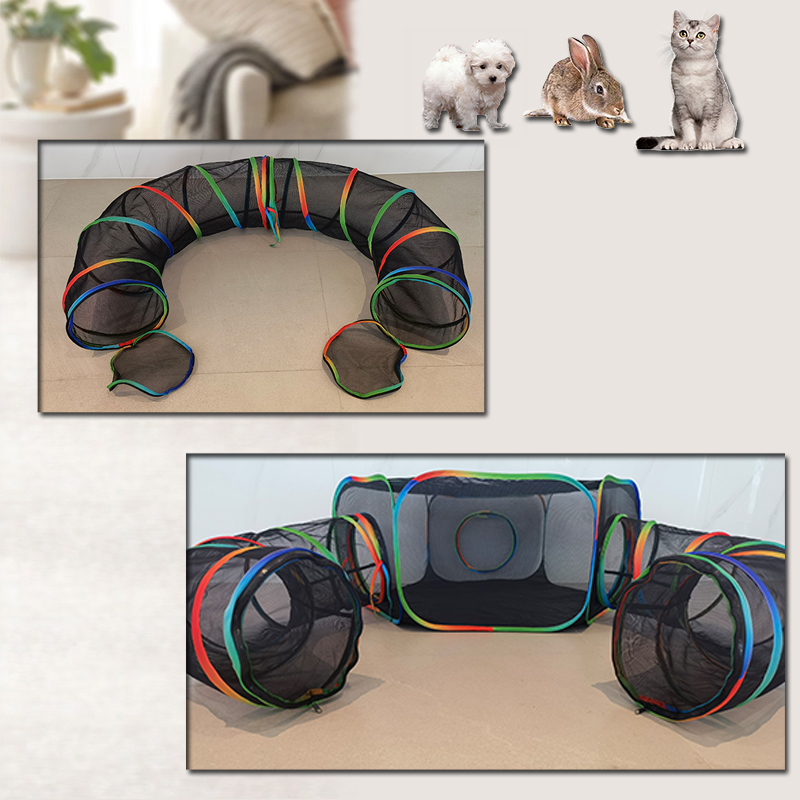 Set of 2 Outdoor Rainbow Cat Enclosures Pet Playground Kitty Small Animals Rabbit Guinea Pig Playpen Hexagon Tent with Circle Tunnel