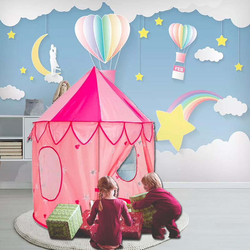 Pop Up Pink Kids Castle Play Tent Fiberglass Poles With Carry Bag Indoor Outdoor