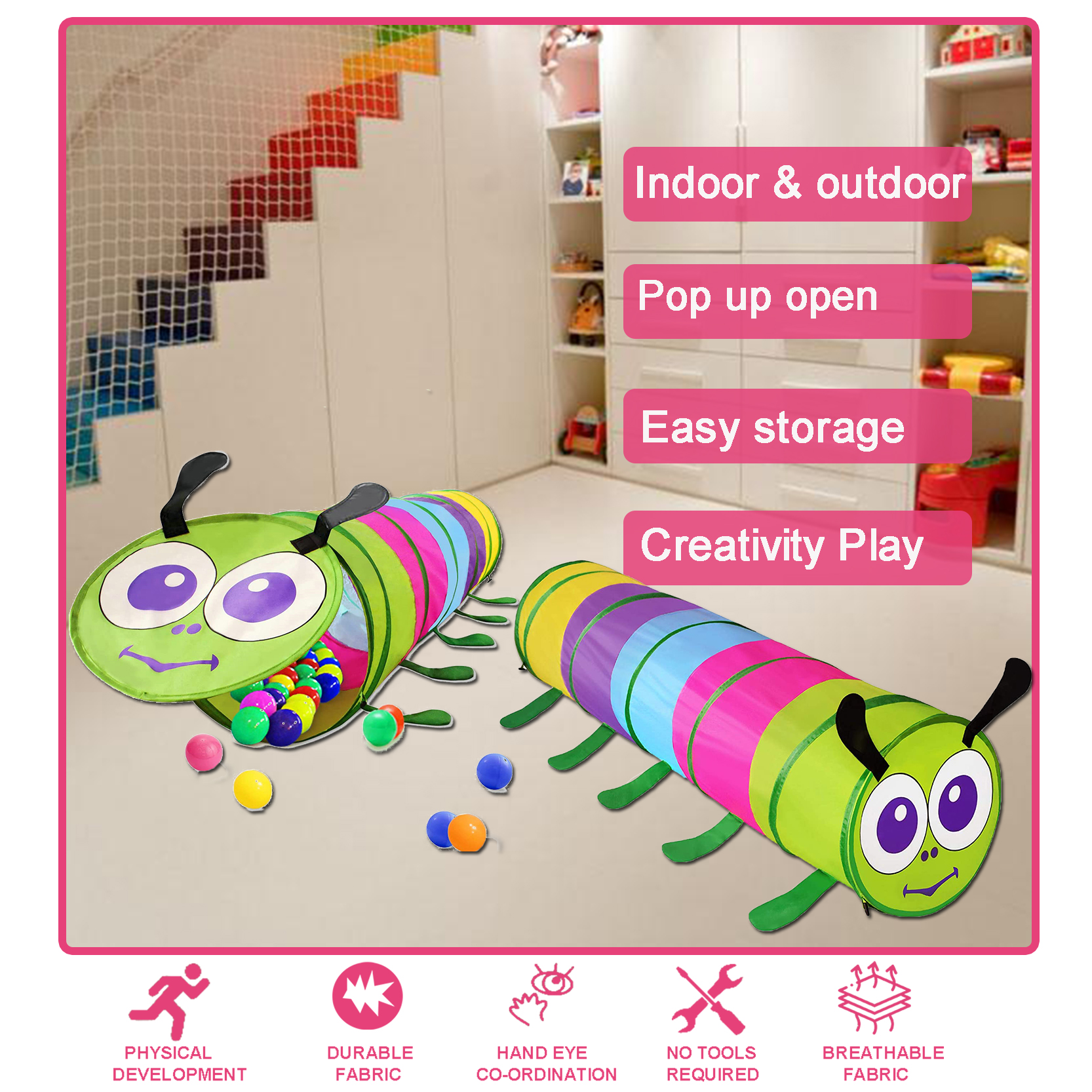 Multicolor Worm Pop Up Foldable Crawl Through Play Tunnel Toy Crawling Tunnel Play Tent