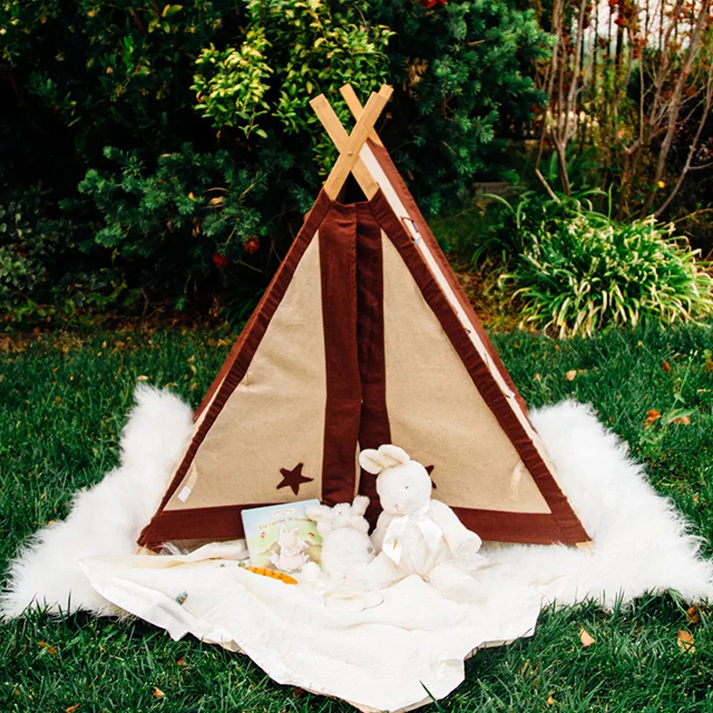 Brown Cotton Canvas Cover, Wooden Pole, Kids Teepee Tent, With two window, Playhouse For Childs