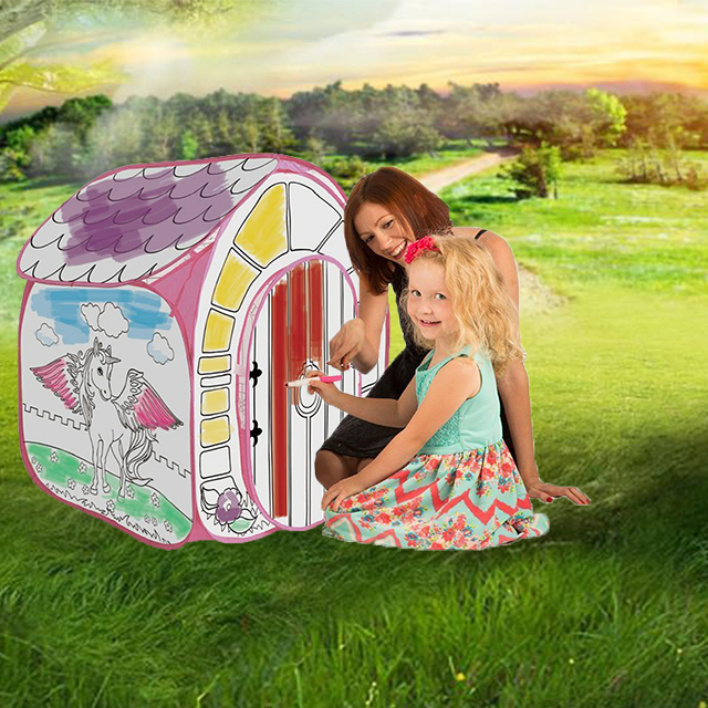 Unicorn Fortable Pop Up House Playtent,DIY Handprint With Six Washable Color Pens ,Easy to Operate