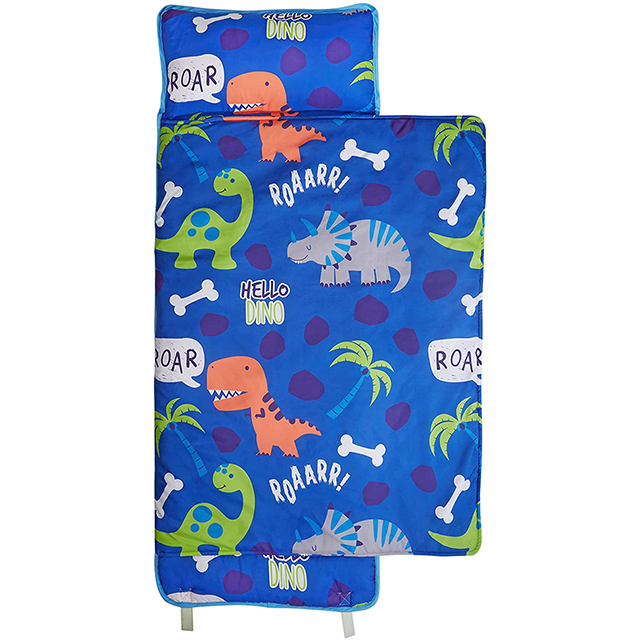 Blue Cartoon with Dinos Portable Kid's sleeping bag with Carry Handle with Straps Closure