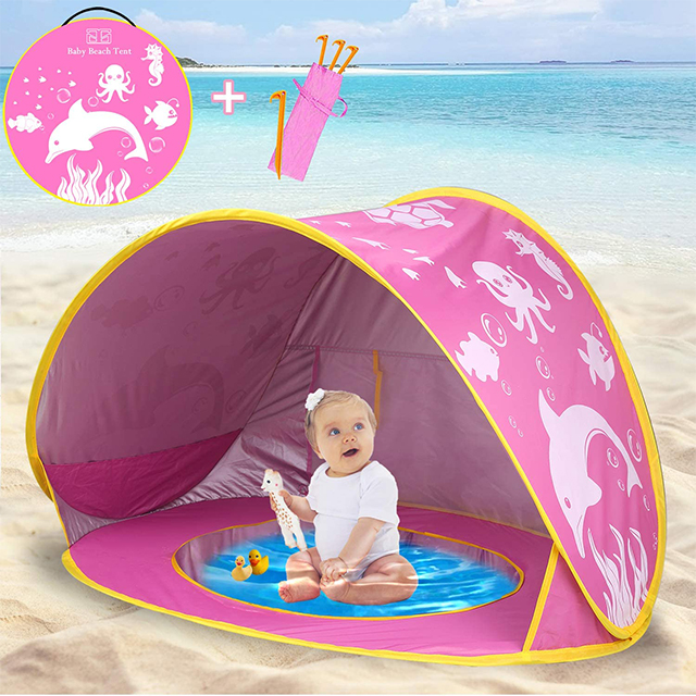 Pink Baby Beach Tent with Pool, Pop Up Unique Ocean World Baby Tent,50+ UPF UV Protection Outdoor Tent for Aged 0-4 Baby Kids 