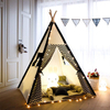 Foldable Portable Canvas Kids Teepee Tent with Light String & Carry Bag for Indoor Outdoor, Kids Teepee Playhouse with Black Wave Stripe Print 