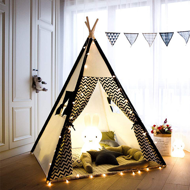 Foldable Portable Canvas Kids Teepee Tent with Light String & Carry Bag for Indoor Outdoor, Kids Teepee Playhouse with Black Wave Stripe Print 