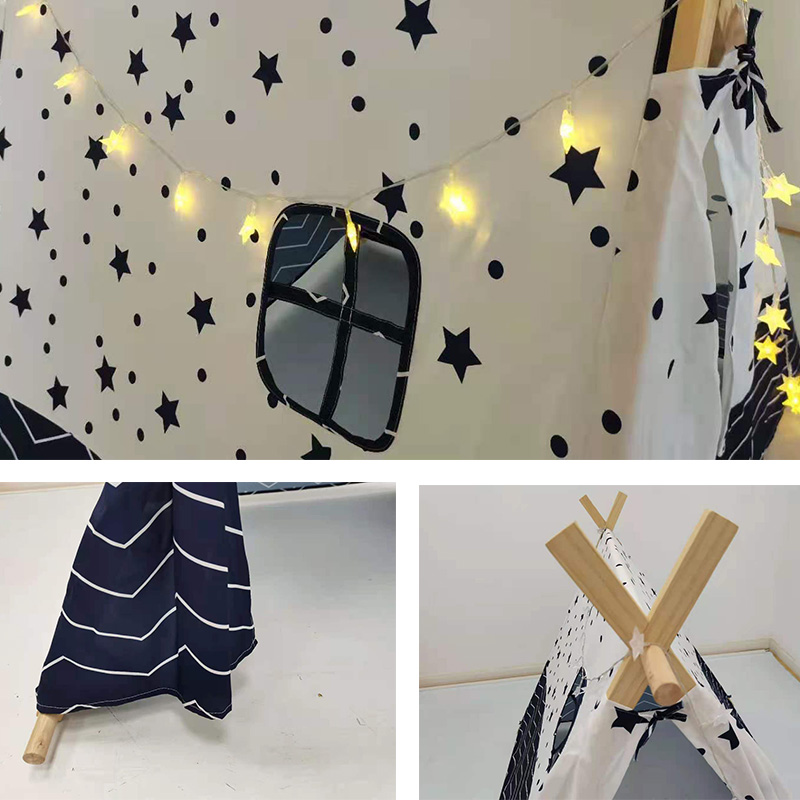 New design toy tent blue star print wooden poles indian kids teepee tent 