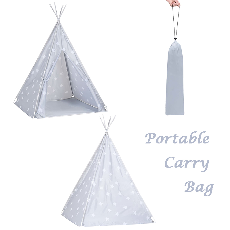 Portable Grey Kids Teepee Tent Polyester With PVC Poles Star Design