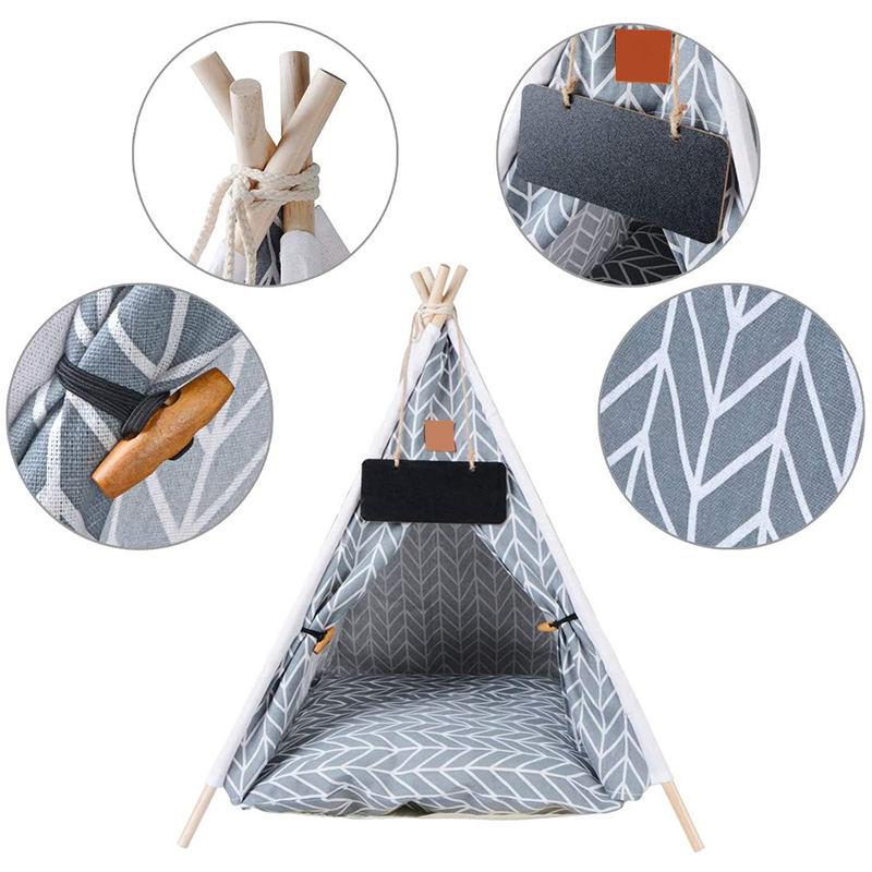Pet Dog Cat Kitty Teepee House Tent With Soft Pad Wooden Poles Cotton Fabric